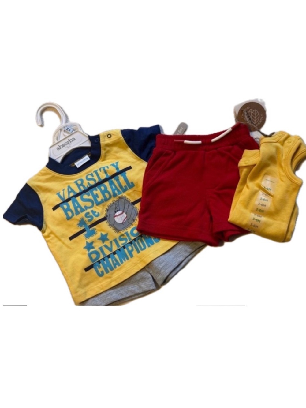Baseball Tee Outfit w/Gray Shorts Yellow Tank Red Shorts Baby Boy 3-6m 4 pc Set